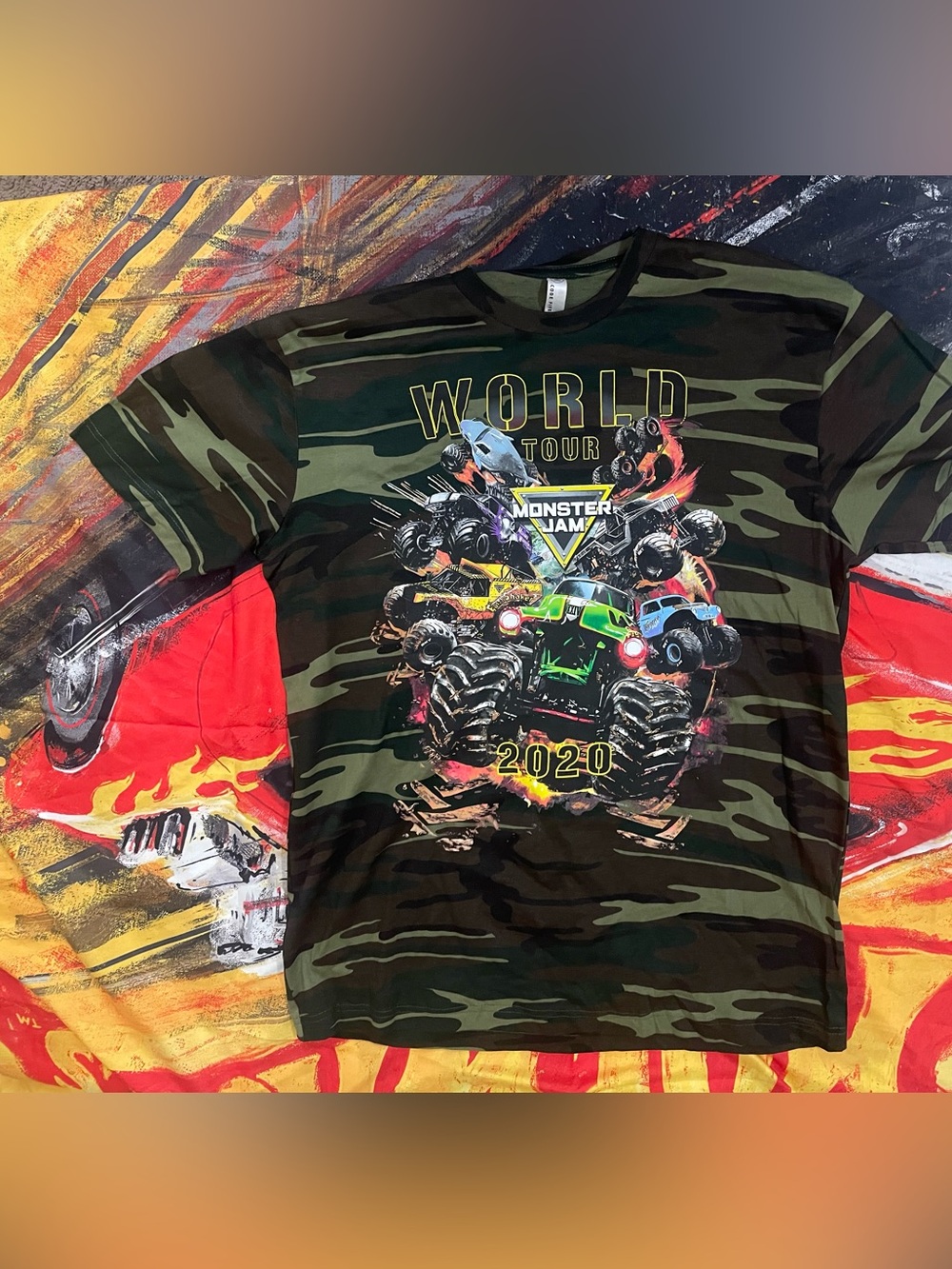 Monster Jam 2030 Truck World Tour T-shirt Camo Size Adult Large Code 5 Size Lg